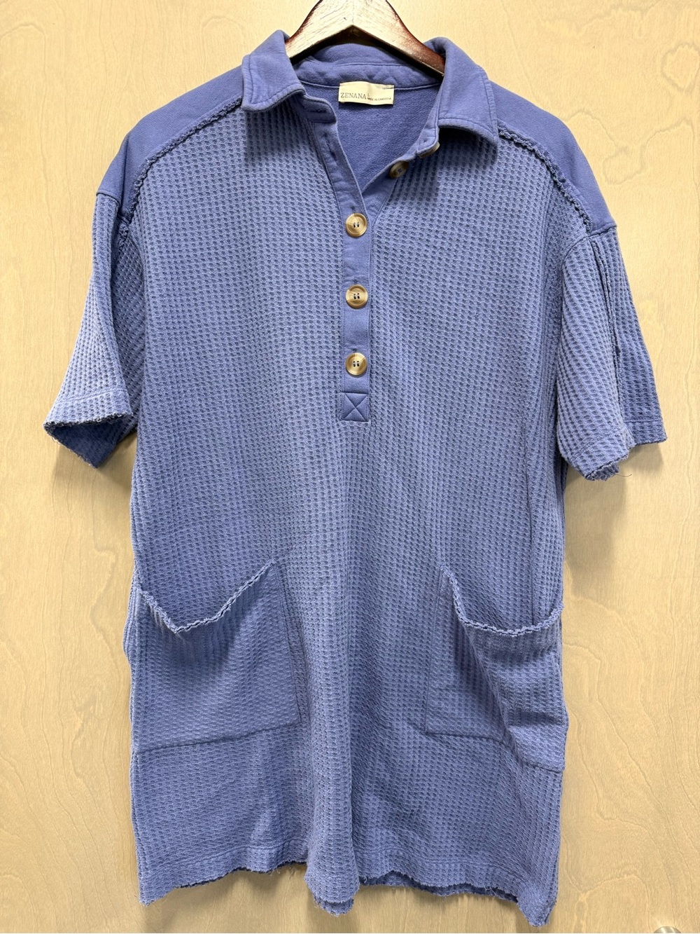 ZENANA Blue Waffle Knit Polo Dress with Front Pockets